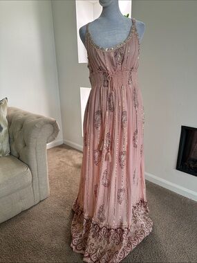 Ananta Embellished Dusty Pink Maxi Dress with Smocked Waist